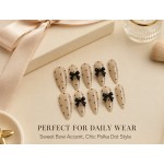 Nude Polka‑Dot Black 3D Bow Press‑On Nails, Long Almond Retro Sweet‑Cool False Nails
